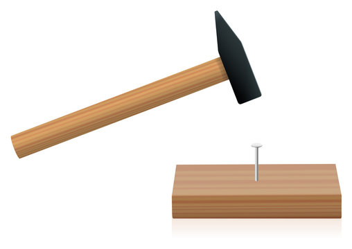 Hammer driving a nail into a plank - isolated vector illustration on white background.