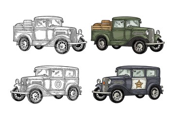 Retro police car and pickup truck with barrel. Vintage engraving