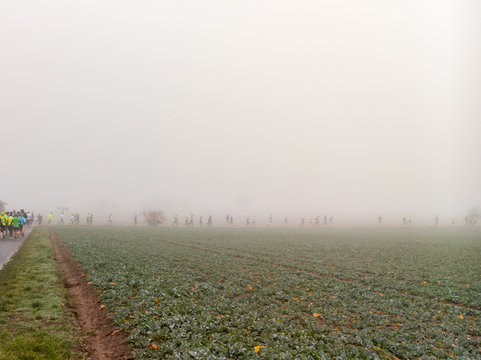 L&auml;ufer im Nebel hinter dem Feld beim Rodgau 50km Ultramarathon