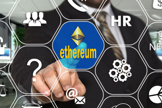 The businessman chooses Ethereum on the touch screen in the global network . Cryptocracy Ethereum, finance and banking concept.