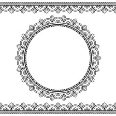 Set of seamless borders and circular ornament for design, application of henna, Mehndi and tattoo. Decorative pattern in ethnic oriental style.