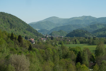panorama of lake of Kruth at spring  behind the dam in alsace - France