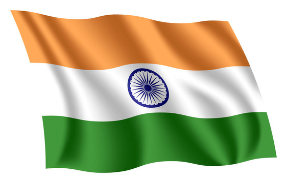 India flag. Isolated national flag of India. Waving flag of the Republic of India. Fluttering textile indian flag. Tricolour.