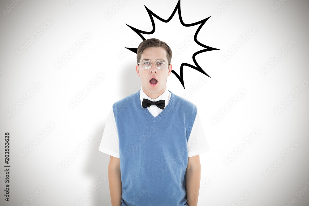 Poster geeky shocked hipster looking at camera against white background with vignette