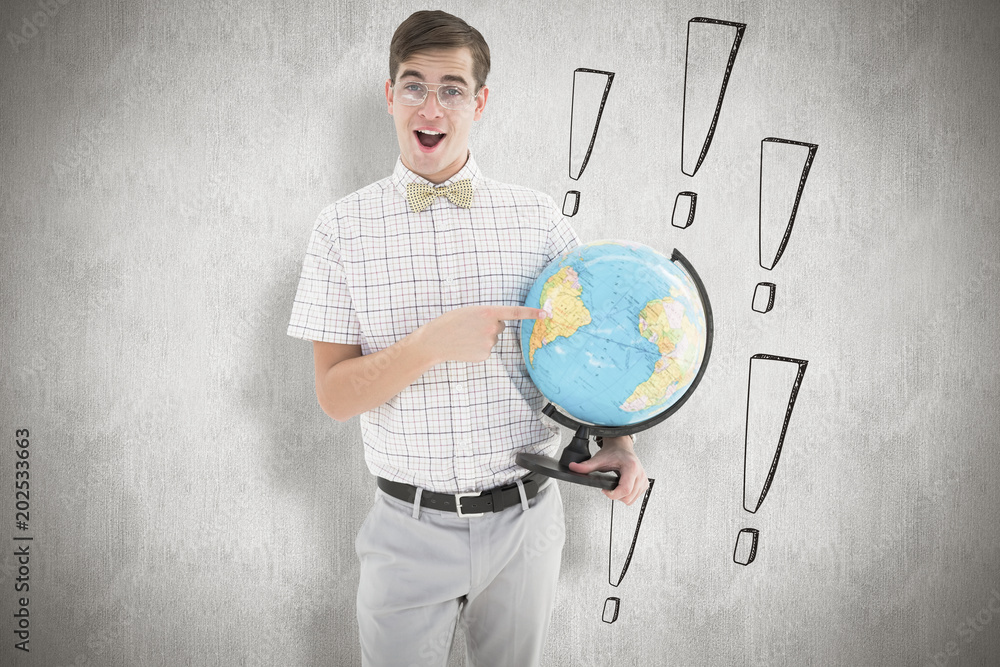 Poster geeky hipster holding a globe smiling at camera against white background