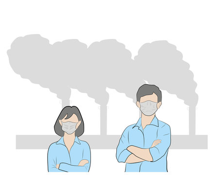 People in masks because of fine dust. hand drawn style vector doodle design illustrations. air pollution. vector illustration.