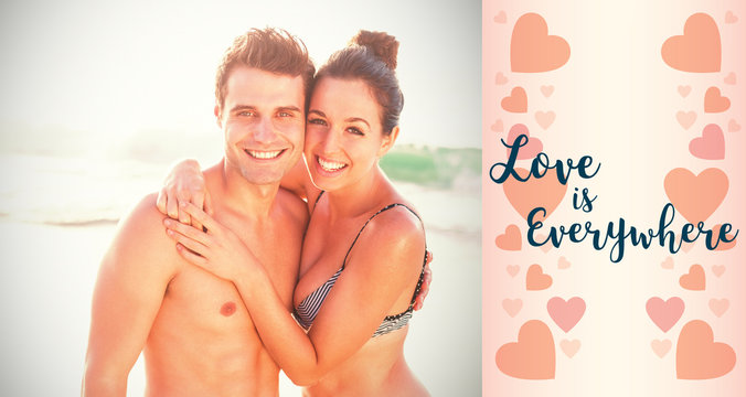 Composite image of couple on beach against backgrounds working