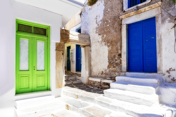 Old narrow streets with colorful doors. Naxos island, Greece