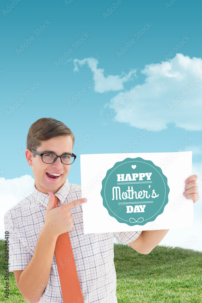 Aufkleber geeky hipster smiling and showing card against field and sky