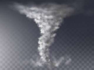 Vector 3d realistic tornado, grey hurricane isolated on transparent background. Wind cyclone, twisted vortex, natural phenomenon - the reason of destruction, catastrophe.