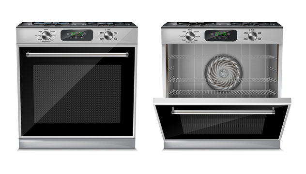 Vector 3d realistic compact oven, gas stove with open and close door isolated on white background. Household appliance with digital display, burners, timer, cooking programs, grill and fan inside