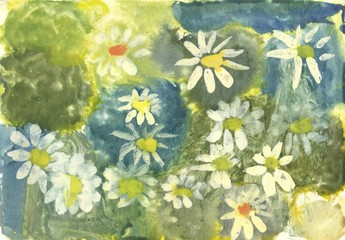 Fototapeta na wymiar Chamomile meadow. Flowers on green background. Watercolor illustration 