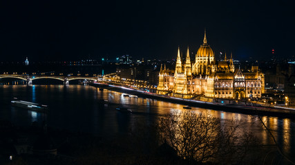 A panoramic view of Parliament dome in Budapest at night