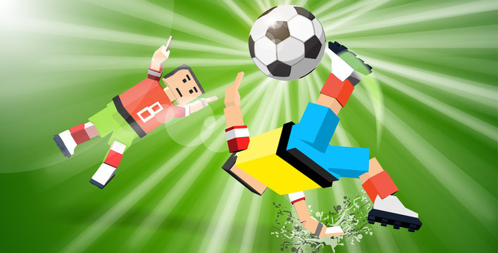Soccer player hits the bal...mp on green background.eps
