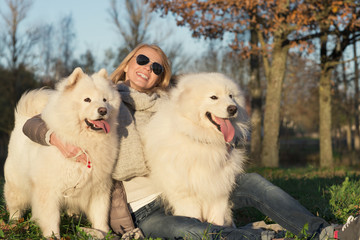 Young woman having fun with her beautiful samoyed dogs in the park