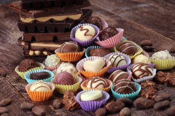 a lot of variety chocolate pralines, belgian confectionery gourmet chocolate.