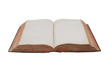 Old thick open book with blank pages on a white background.