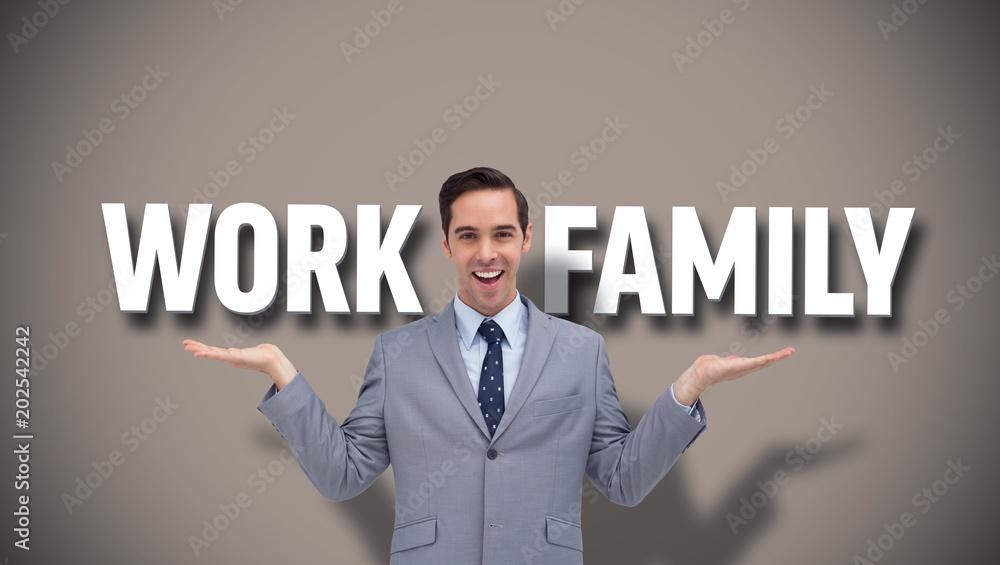 Poster composite image of smiling businessman presenting background with text