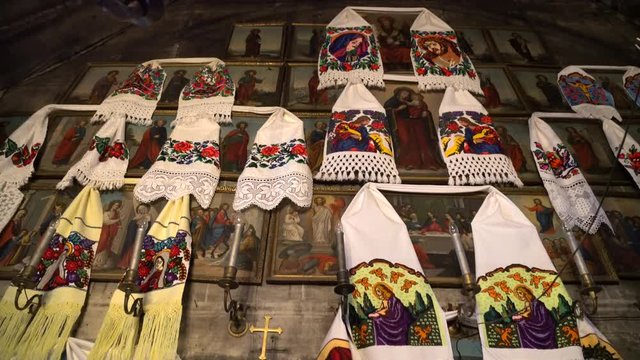 Traditional fabrics at the church in Oncesti  