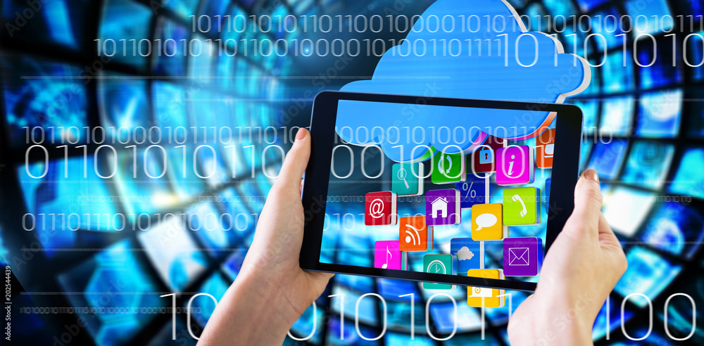 Aufkleber finger pointing to tablet against composite image of cloud with apps