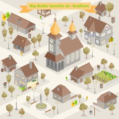 Map builder isometric set in vector format illustration of a small town buildings and houses architecture cartography style