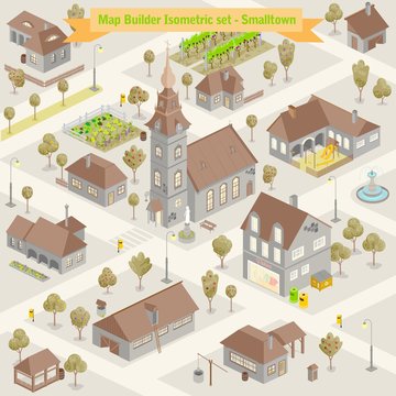 Map Builder Isometric Set In Vector Format Illustration Of A Small Town Buildings And Houses Architecture Cartography Style
