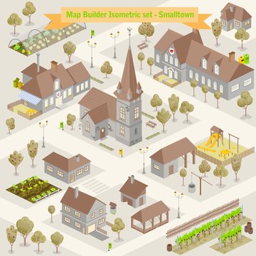 Map Builder Isometric Set In Vector Format Illustration Of A Small Town Buildings And Houses Architecture Cartography Style