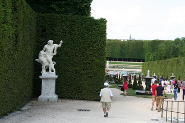 Versailles garden panoramic picture vith green hedge, Samson and lion white  sculpture, walking tourists, fence, lanes in the sunny summer day