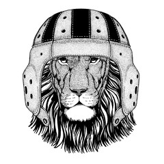Wild lion Cool animal wearing rugby helmet Extreme sport game