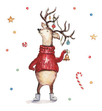 Watercolor Christmas illustration with deer in sweater and decorations