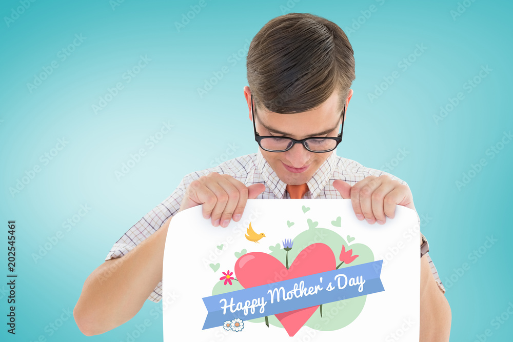 Poster geeky hipster smiling and showing card against blue vignette background