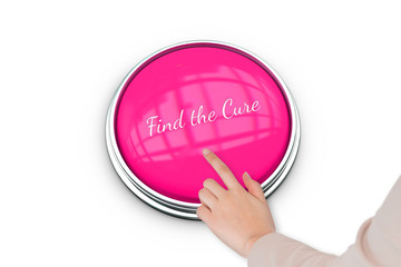 Hand pressing pink button for breast cancer awareness on white background