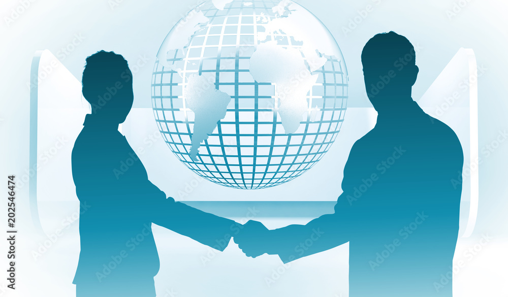 Aufkleber smiling business people shaking hands while looking at the camera against silver globe on grey abstr