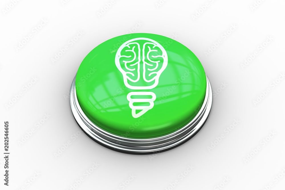 Poster light bulb with brain inside graphic on digitally generated green push button