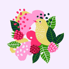 Raspberries and birds on abstract background. Vector seamless illustration.