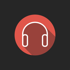 Elegant Universal White Minimalistic Thin Line Headphones Icon with Shadows on Circular Color Button on Black Background