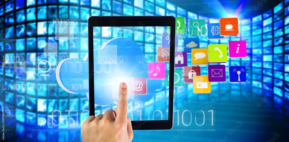 Poster hand using tablet pc against composite image of cloud with apps