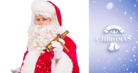 Santa claus holding beer and cigar against purple vignette
