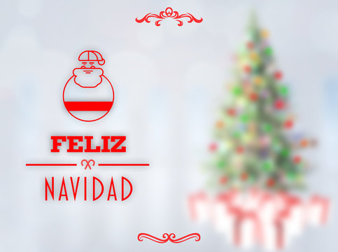 Feliz navidad banner against blurry christmas tree in room