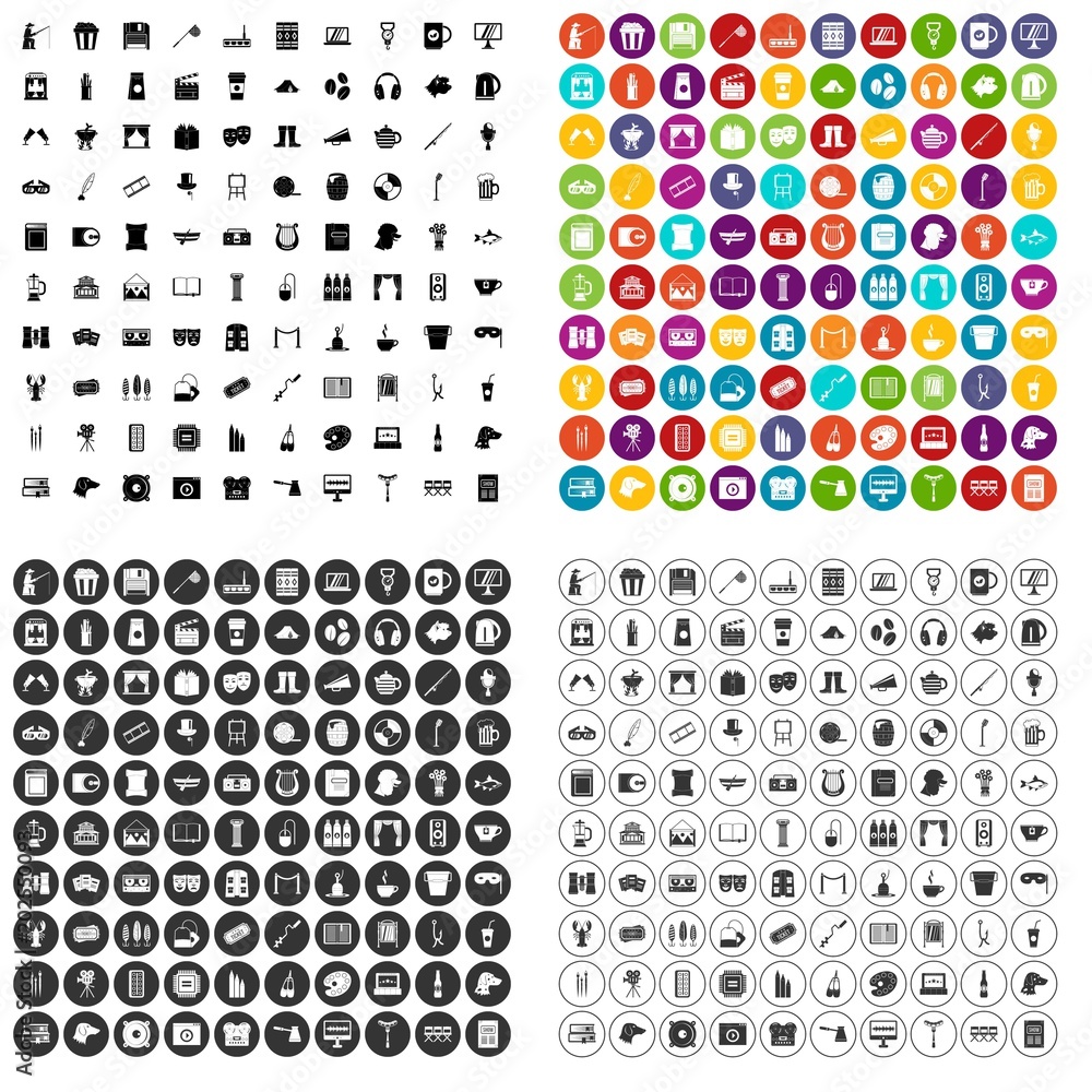 Poster 100 leisure icons set vector in 4 variant for any web design isolated on white