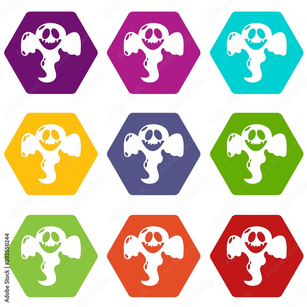 Poster ghost scaring icons 9 set coloful isolated on white for web