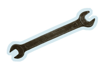 Old grungy wrench on white background. Isolated image of antiquare spanner.