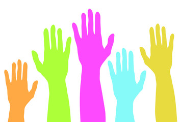 raising colorful hands up silhouette in pastel color, simple vector, team, relationship or voting concept