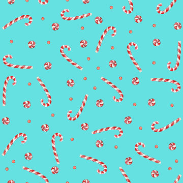 Watercolor hand drawn Christmas seamless pattern with candy canes, stick candy on turquoise background