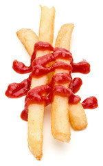 French Fried Potatoes with ketchup isolated on white background