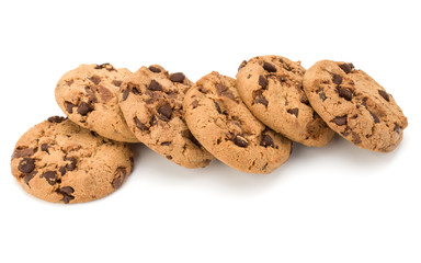 Chocolate chip cookies isolated on white background. Sweet biscuits. Homemade pastry.