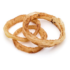 Delicious crispy fried onion rings isolated on white