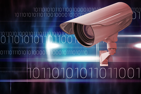 CCTV camera against blue technology design with binary code