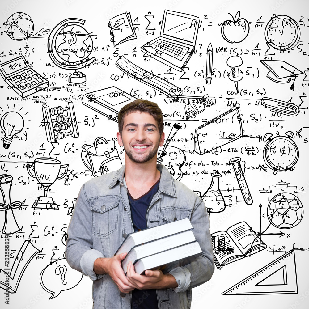Poster student smiling at camera in library against maths