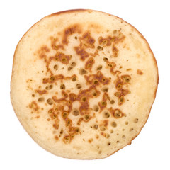 One pancake isolated on white background cutout. Top view.